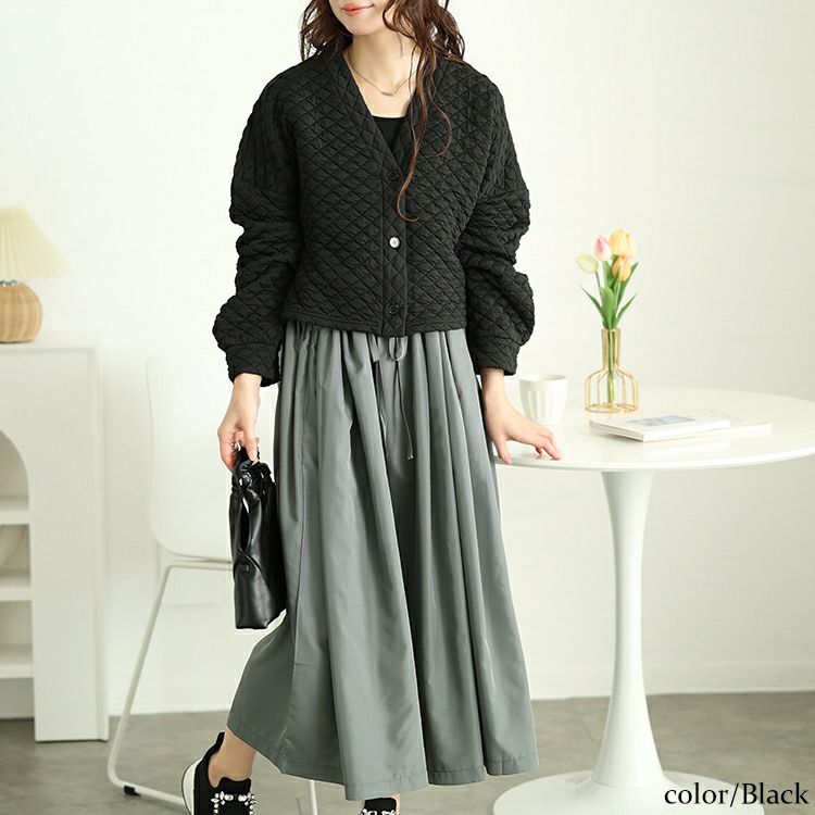 大きいサイズ レディース キルティングカーディガン＆異素材切り替えワンピース2点セット　maru-30096