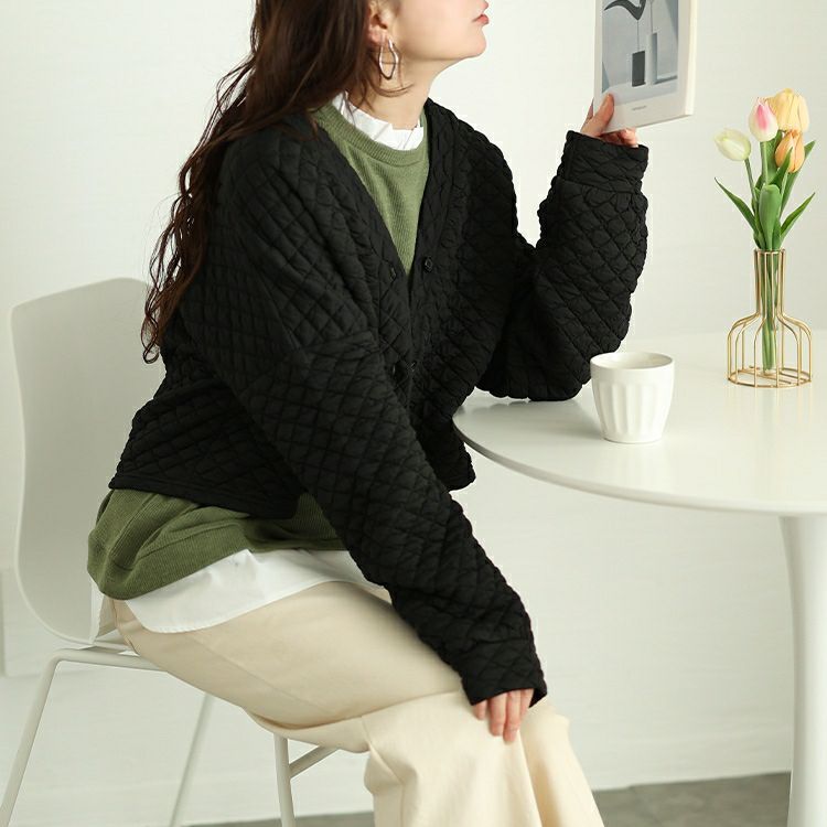 大きいサイズ レディース キルティングカーディガン＆異素材切り替えワンピース2点セット　maru-30096