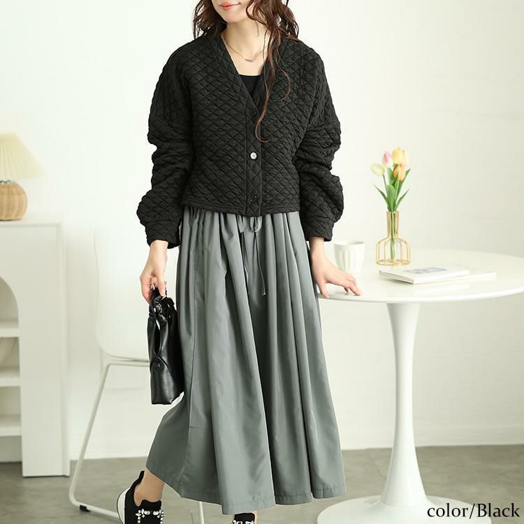 大きいサイズ レディース キルティングカーディガン＆異素材切り替えワンピース2点セット　maru-30096 ブラック