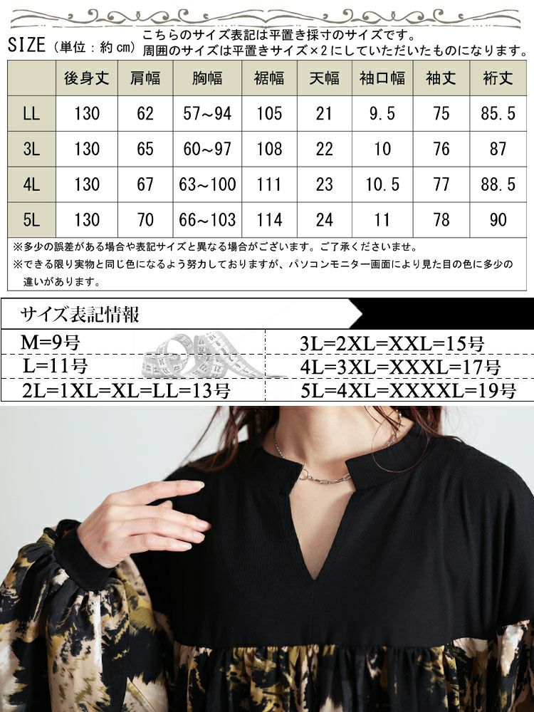 大きいサイズ レディース ペイント柄切り替えギャザーフレアワンピース　maru-30092