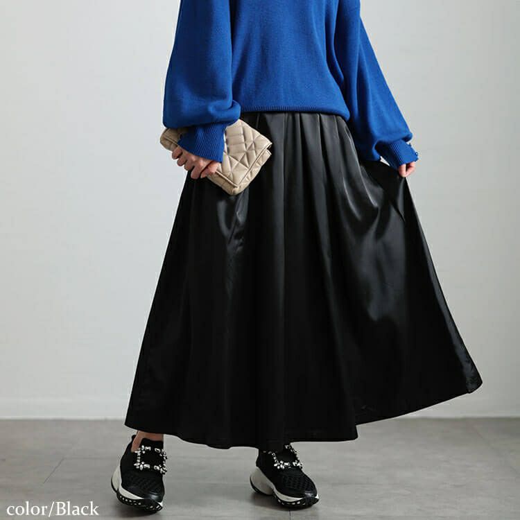 大きいサイズ レディース ストレッチサテンタックフレアスカート maru