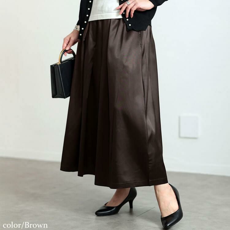 大きいサイズ レディース ストレッチサテンタックフレアスカート　maru-30090 ブラウン