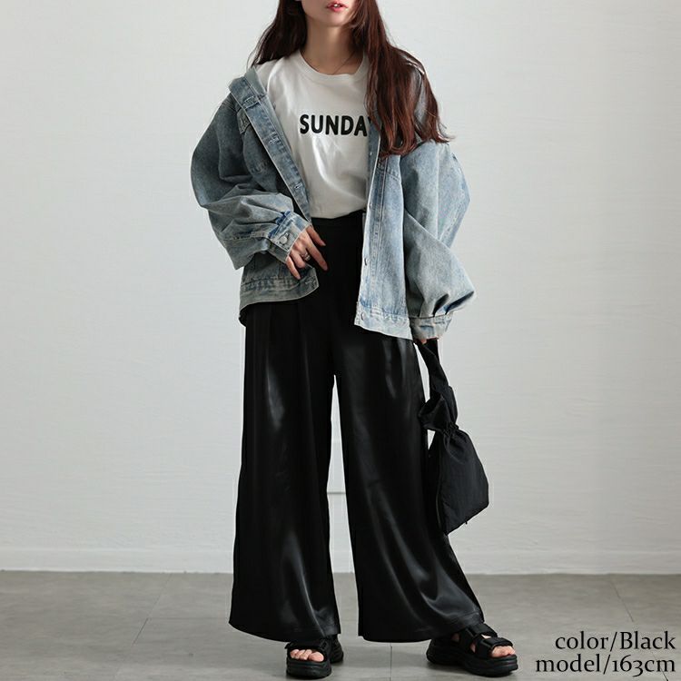 大きいサイズ レディース ストレッチサテンタックワイドパンツ　maru-30088 【メール便可】