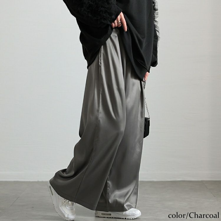 大きいサイズ レディース ストレッチサテンタックワイドパンツ　maru-30088 【メール便可】