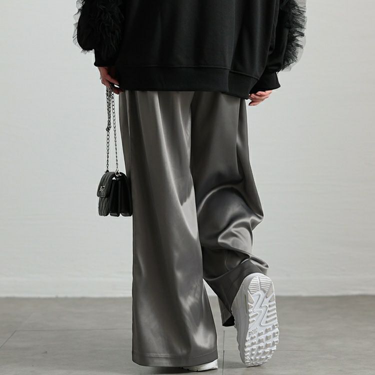 大きいサイズ レディース ストレッチサテンタックワイドパンツ　maru-30088 【メール便可】