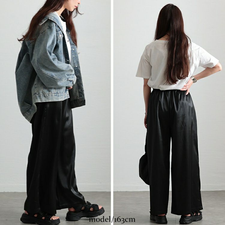 大きいサイズ レディース ストレッチサテンタックワイドパンツ　maru-30088 【メール便可】