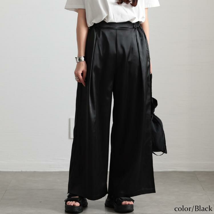 大きいサイズ レディース ストレッチサテンタックワイドパンツ　maru-30088 【メール便可】 ブラック