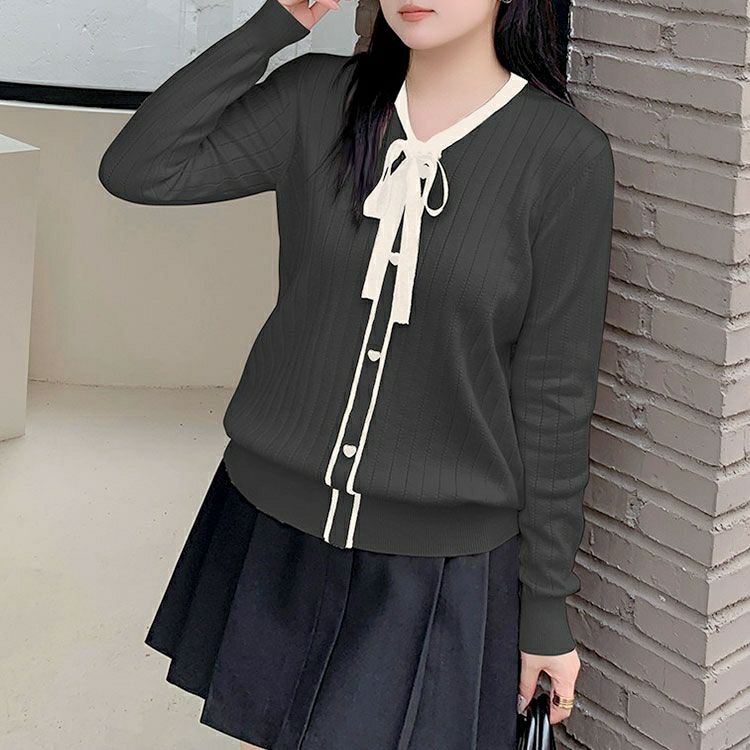 大きいサイズ レディース リボンタイバイカラーリブニット　goldy-1624