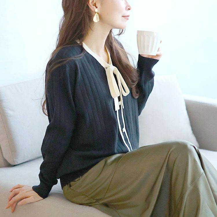 大きいサイズ レディース リボンタイバイカラーリブニット　goldy-1624