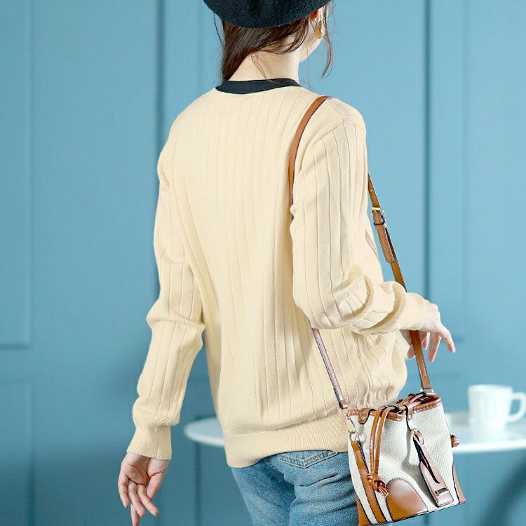 大きいサイズ レディース リボンタイバイカラーリブニット　goldy-1624