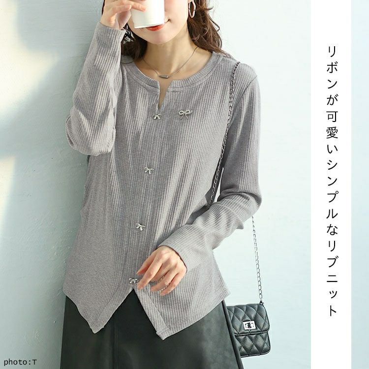 大きいサイズ レディース リボンチャーム付きリブニット　goldy-1622