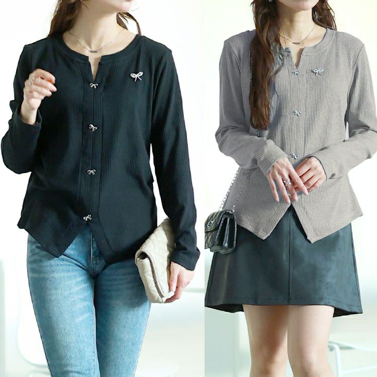 大きいサイズ レディース リボンチャーム付きリブニット　goldy-1622