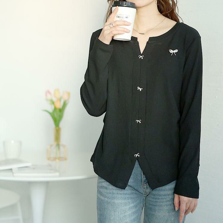 大きいサイズ レディース リボンチャーム付きリブニット　goldy-1622 ブラック