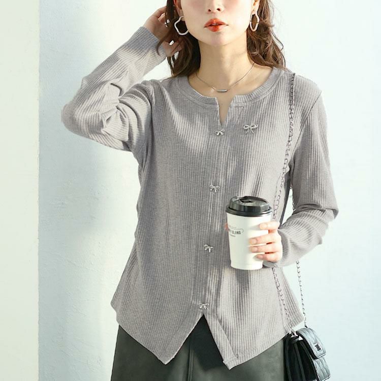 大きいサイズ レディース リボンチャーム付きリブニット　goldy-1622 グレー