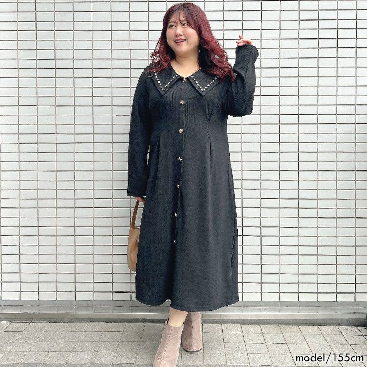 大きいサイズ レディース ビックカラー飾りボタンロングワンピース　goldy-1625