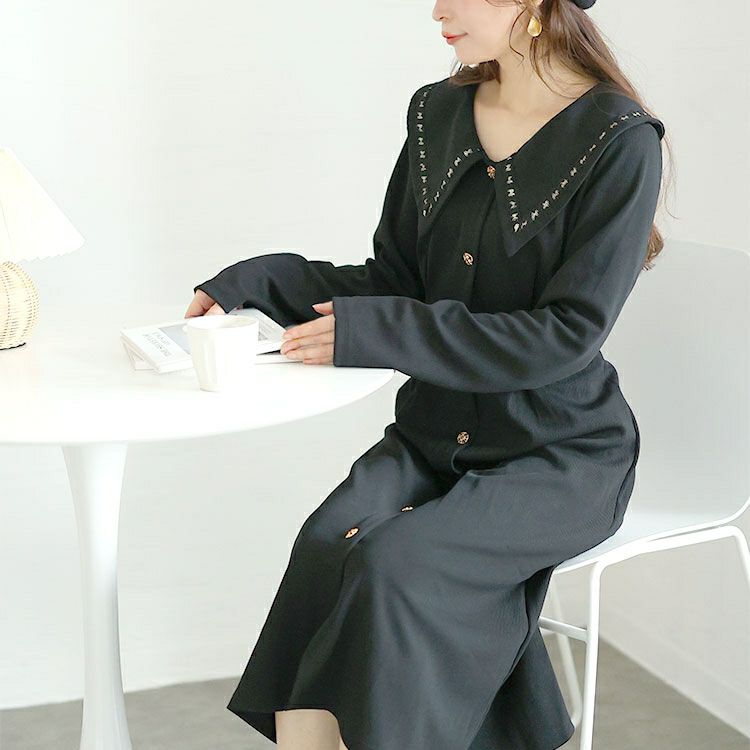 大きいサイズ レディース ビックカラー飾りボタンロングワンピース　goldy-1625