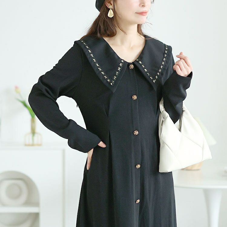 大きいサイズ レディース ビックカラー飾りボタンロングワンピース　goldy-1625