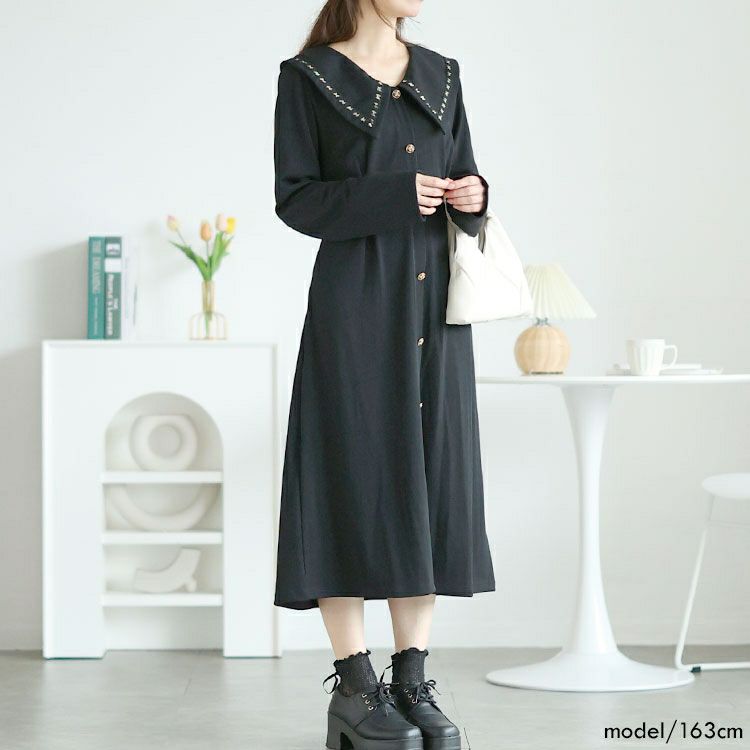 大きいサイズ レディース ビックカラー飾りボタンロングワンピース　goldy-1625