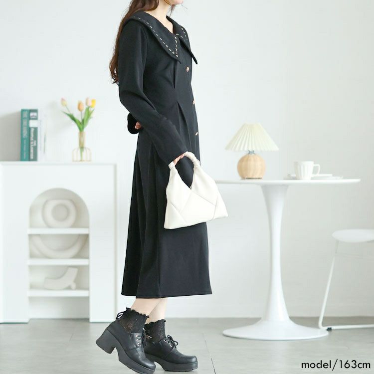 大きいサイズ レディース ビックカラー飾りボタンロングワンピース　goldy-1625