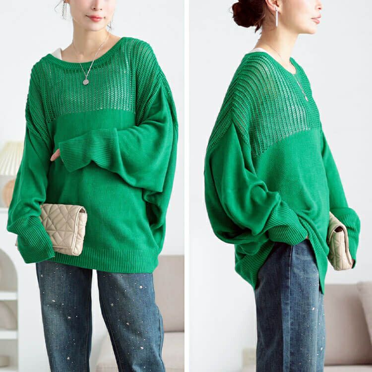 大きいサイズ レディース メッシュ切り替えドルマンニット　bro-0058