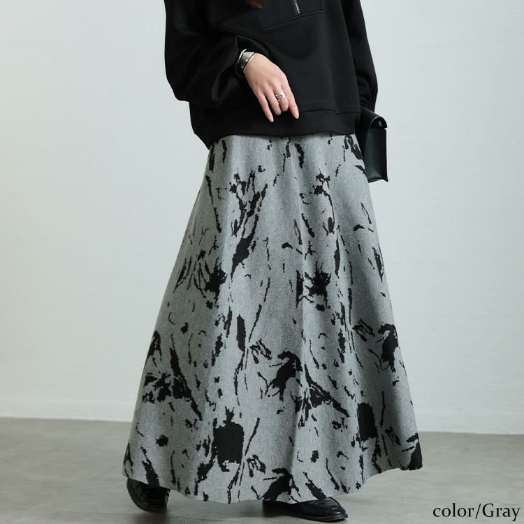 大きいサイズ レディース マーブル柄ジャガードニットフレアスカート　bro-0062 グレー