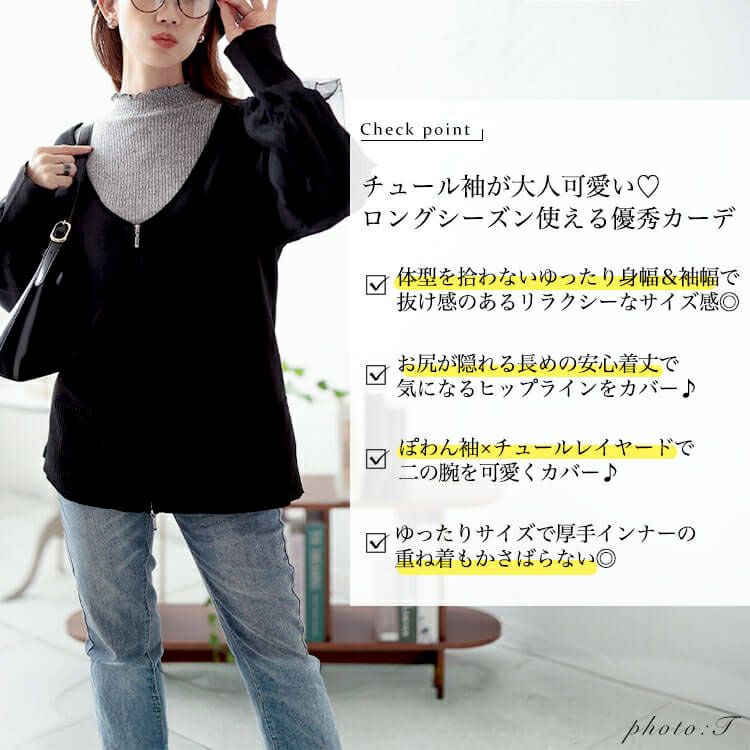 大きいサイズ レディース 袖チュールレイヤードニットZIPカーデ　bro-0061
