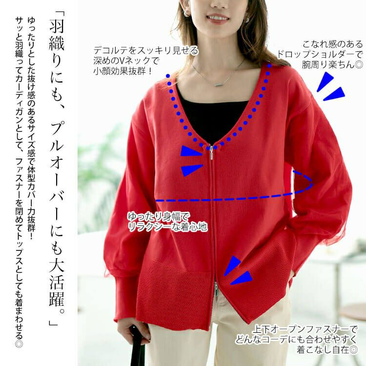 大きいサイズ レディース 袖チュールレイヤードニットZIPカーデ　bro-0061
