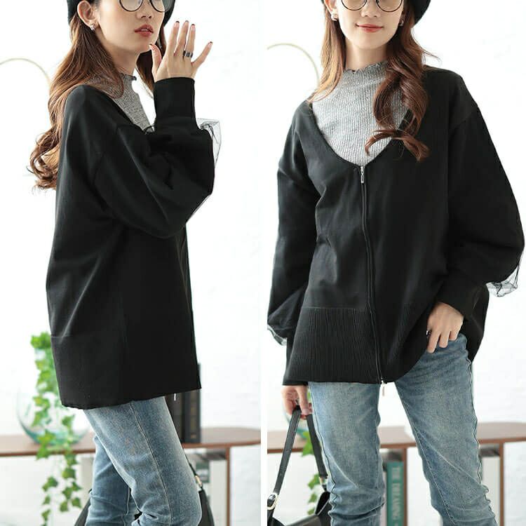 大きいサイズ レディース 袖チュールレイヤードニットZIPカーデ　bro-0061