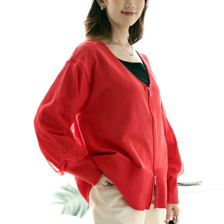 大きいサイズ レディース 袖チュールレイヤードニットZIPカーデ　bro-0061