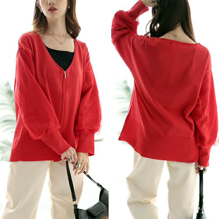 大きいサイズ レディース 袖チュールレイヤードニットZIPカーデ　bro-0061