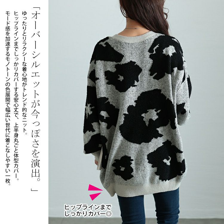 大きいサイズ レディース 配色Vネックヒョウ柄ワイドニット　maru-20005