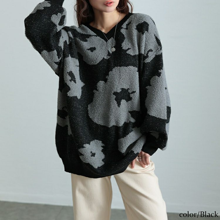 大きいサイズ レディース 配色Vネックヒョウ柄ワイドニット　maru-20005