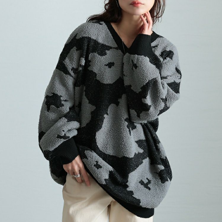 大きいサイズ レディース 配色Vネックヒョウ柄ワイドニット maru-20005