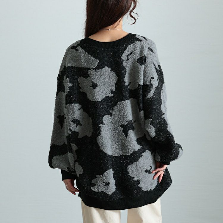 大きいサイズ レディース 配色Vネックヒョウ柄ワイドニット maru-20005