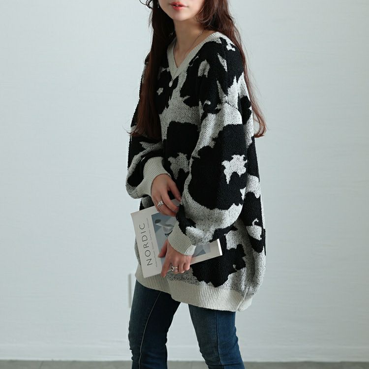 大きいサイズ レディース 配色Vネックヒョウ柄ワイドニット　maru-20005