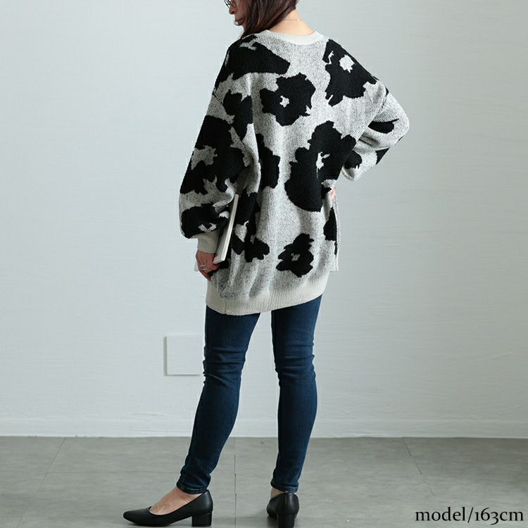 大きいサイズ レディース 配色Vネックヒョウ柄ワイドニット　maru-20005