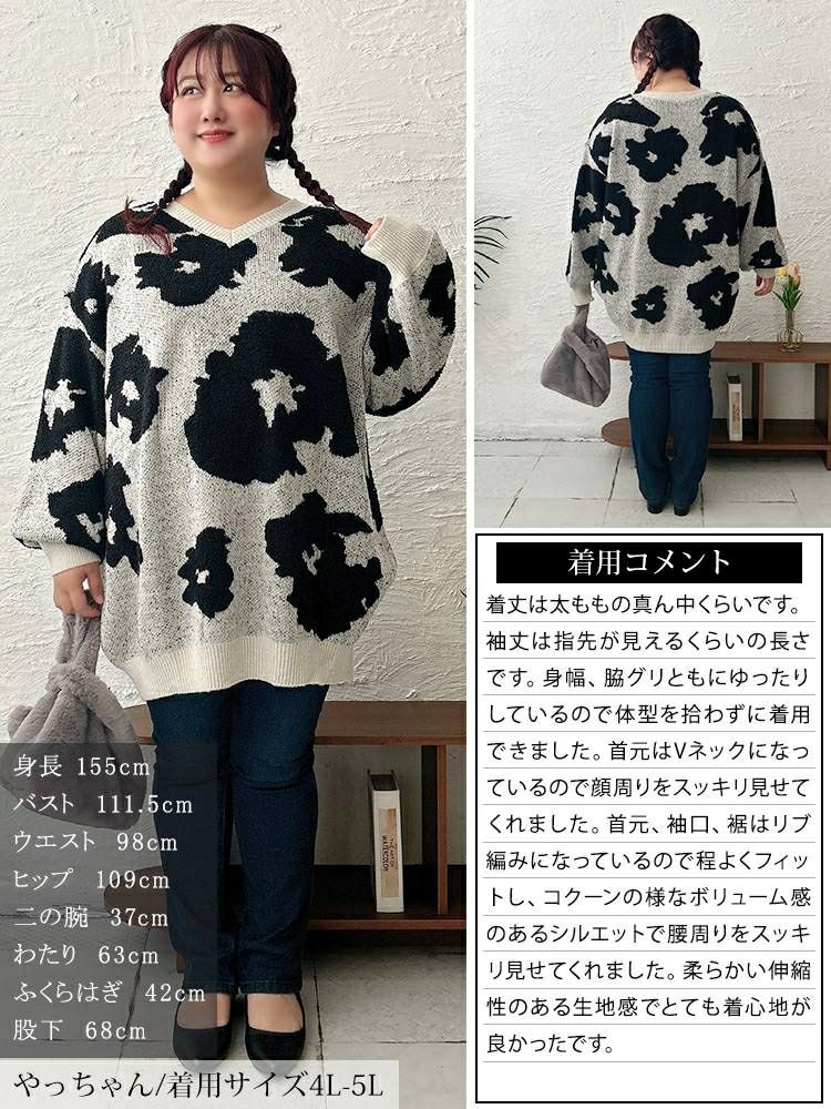 大きいサイズ レディース 配色Vネックヒョウ柄ワイドニット　maru-20005