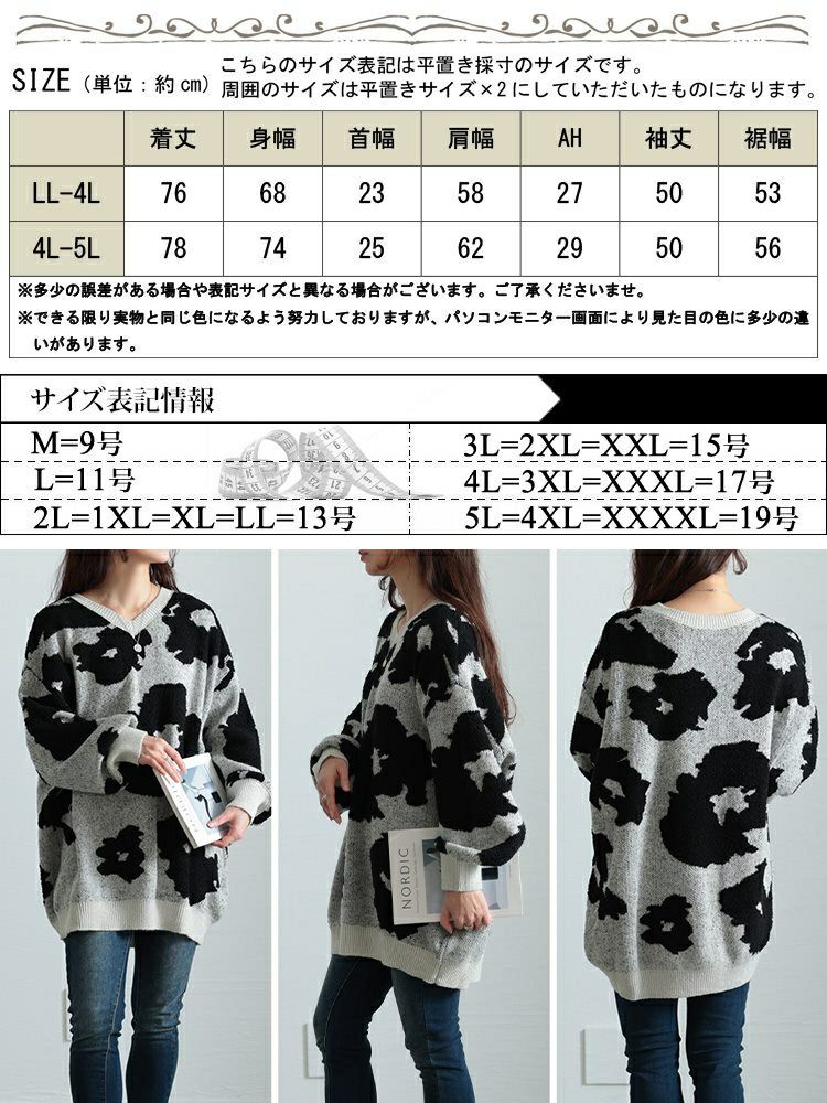 大きいサイズ レディース 配色Vネックヒョウ柄ワイドニット maru-20005