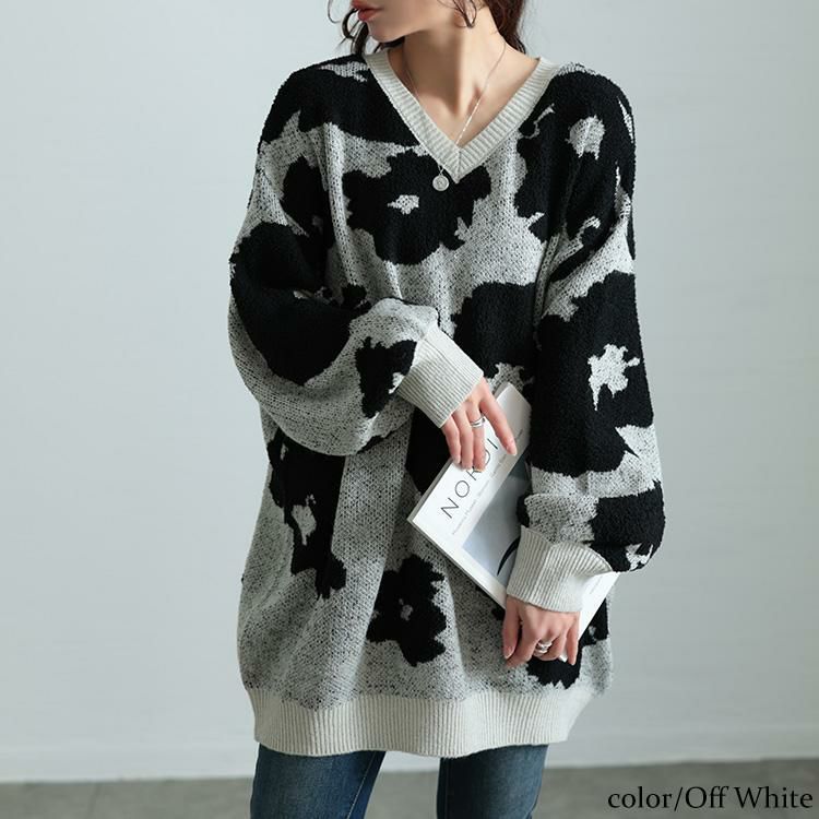 大きいサイズ レディース 配色Vネックヒョウ柄ワイドニット　maru-20005 オフホワイト