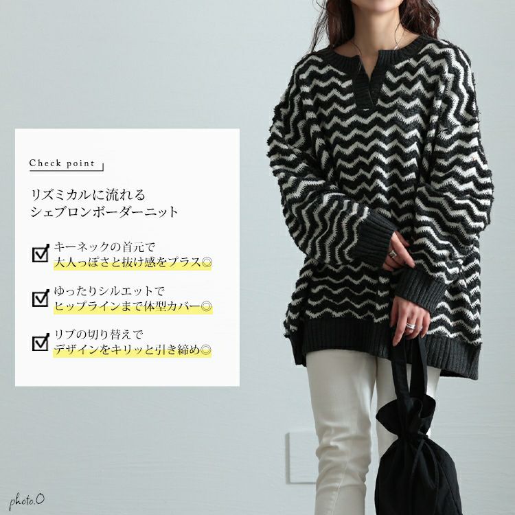 大きいサイズ レディース 配色キーネックジグザクワイドニット　maru-20004