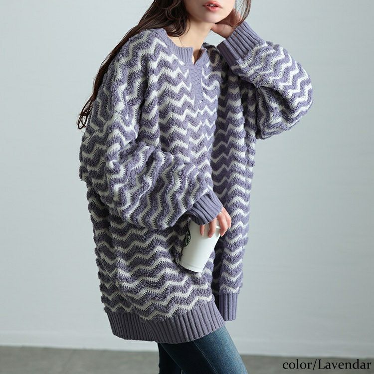 大きいサイズ レディース 配色キーネックジグザクワイドニット　maru-20004