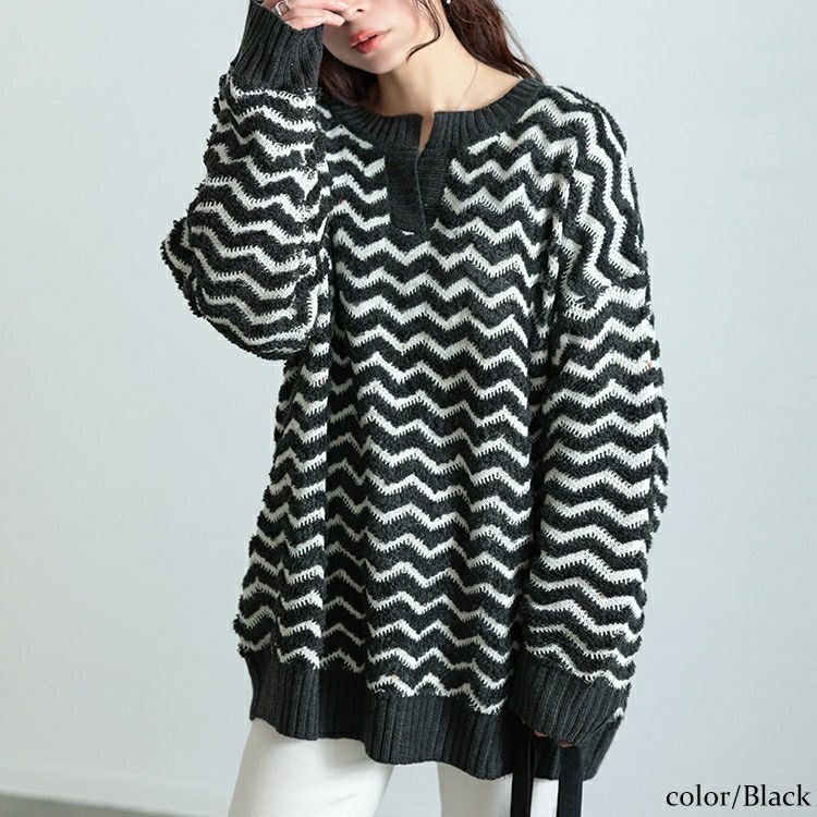 大きいサイズ レディース 配色キーネックジグザクワイドニット　maru-20004