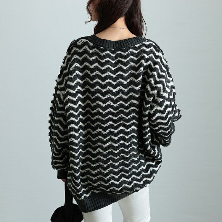 大きいサイズ レディース 配色キーネックジグザクワイドニット　maru-20004