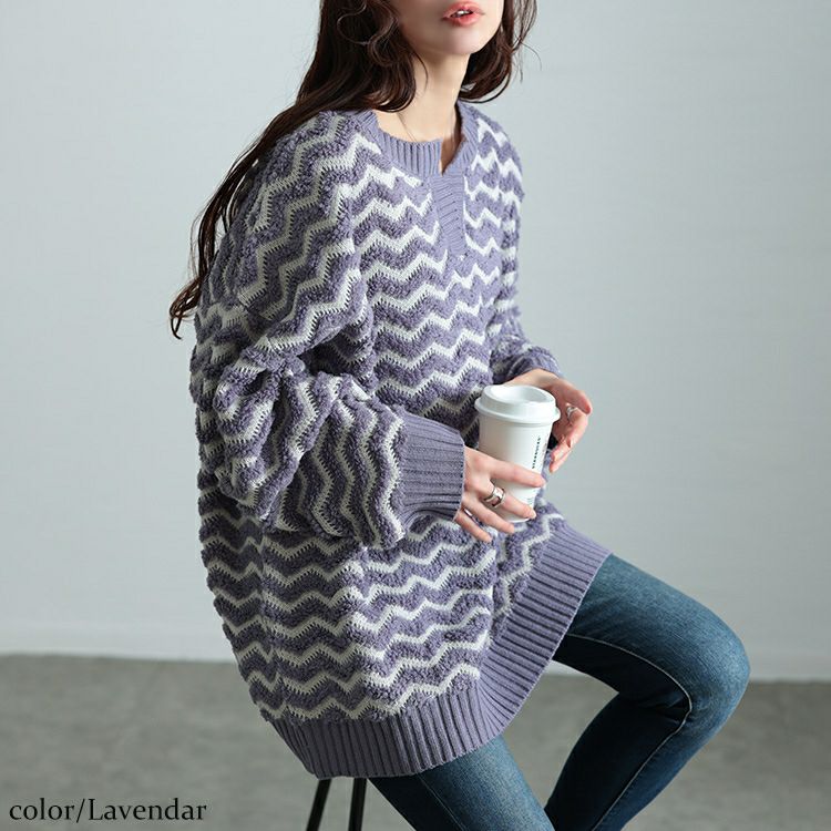 大きいサイズ レディース 配色キーネックジグザクワイドニット　maru-20004