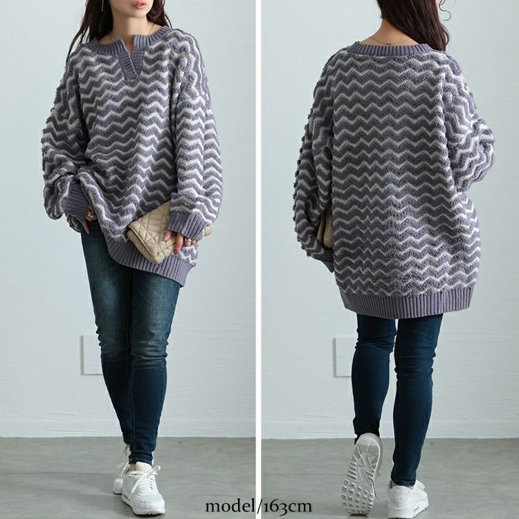 大きいサイズ レディース 配色キーネックジグザクワイドニット　maru-20004