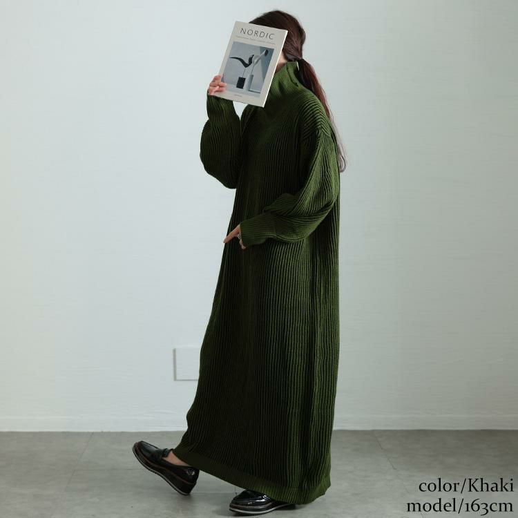 大きいサイズ レディース 配色切り替えストライプニットワンピース　maru-20011 カーキ