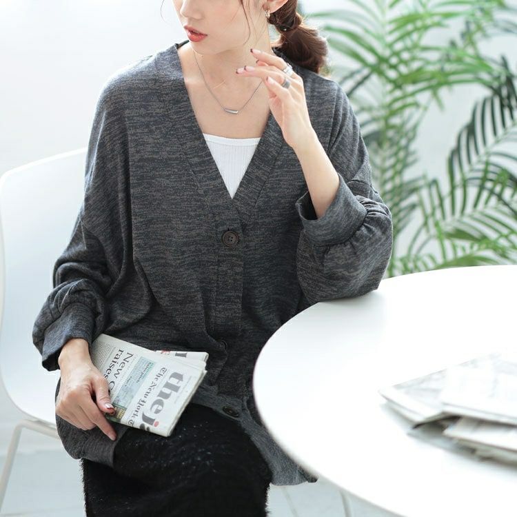 大きいサイズ レディース Vネック裾ギャザーカーディガン　cast-5552006