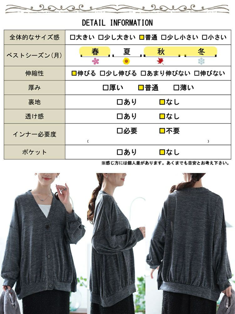 大きいサイズ レディース Vネック裾ギャザーカーディガン　cast-5552006