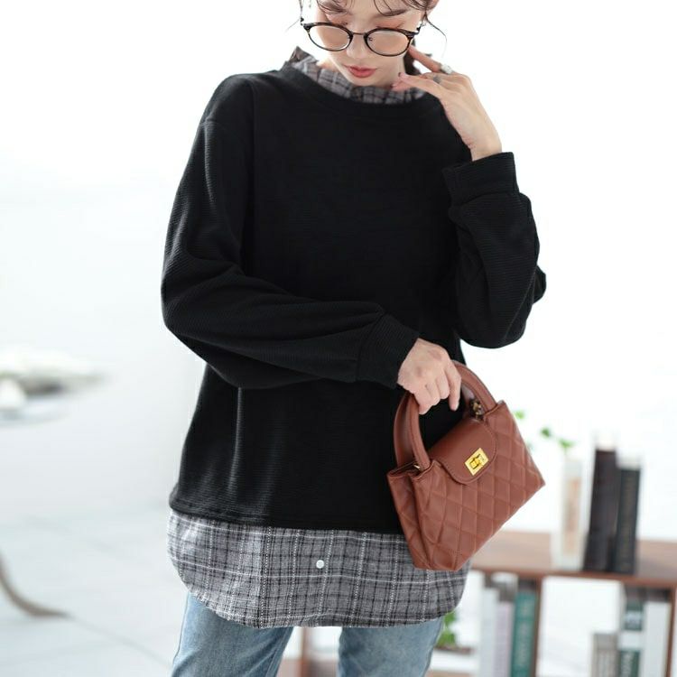 大きいサイズ レディース 静電気防止チェック柄フリル襟重ね着風プルオーバー　cast-5552001