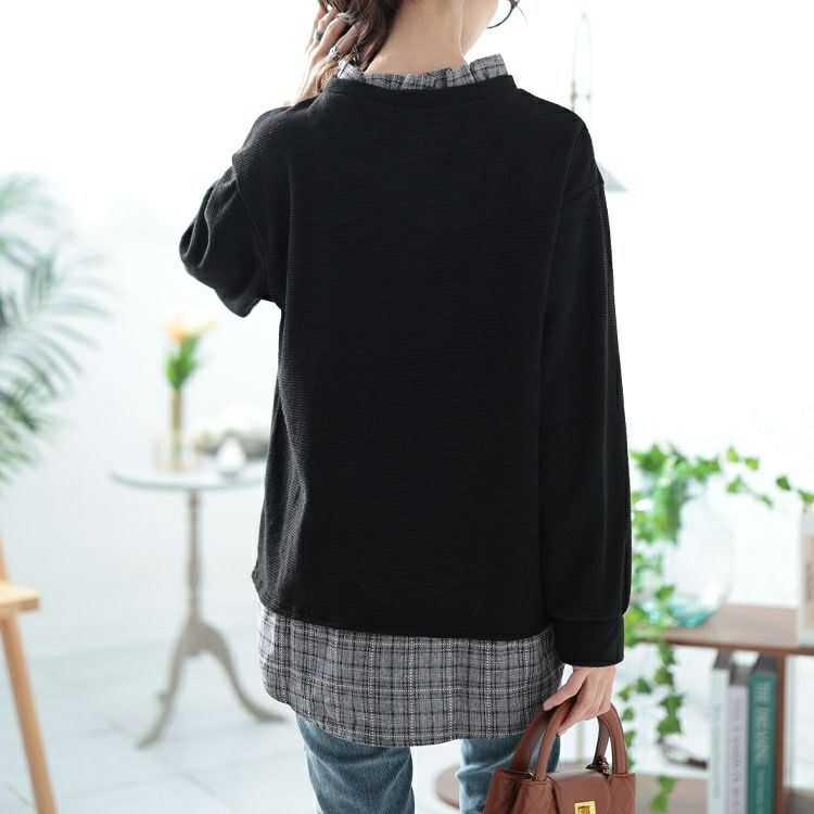 大きいサイズ レディース 静電気防止チェック柄フリル襟重ね着風プルオーバー　cast-5552001